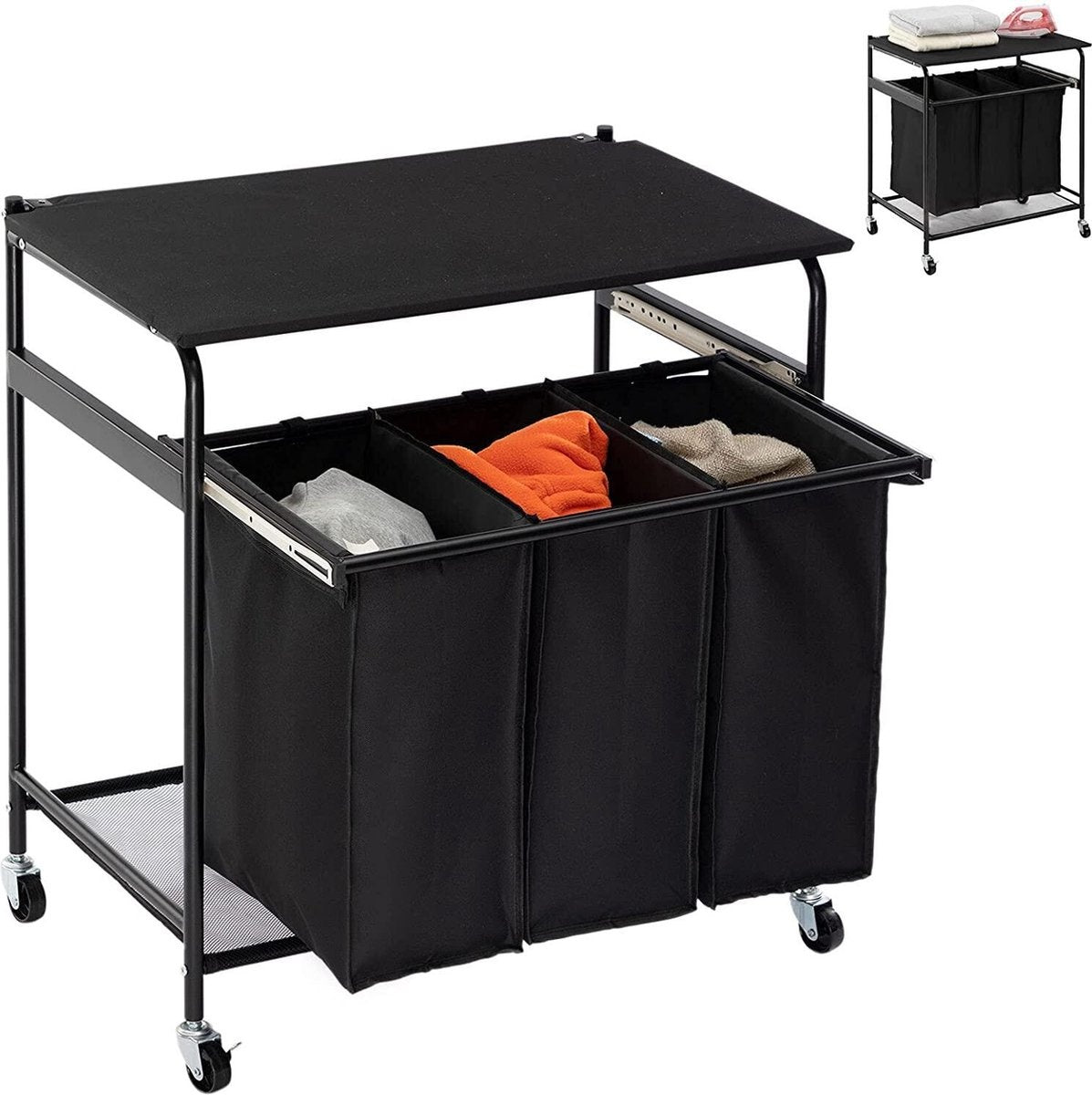 Niceey Wäschekorb auf Rädern - 3 ausziehbare Fächer - Schwarz