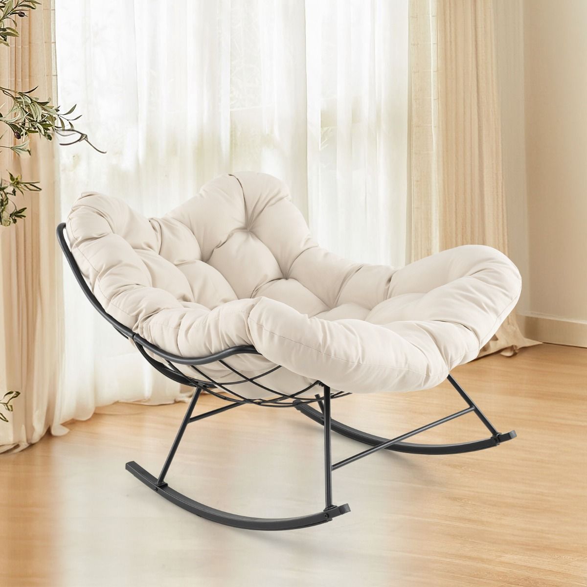 Coast Schaukelstuhl (Terrassenstuhl) - Extra gepolstertes Kissen & hohe Tragfähigkeit (205 kg) - 110 x 95 x 94 cm - Metall/Polyester - Beige