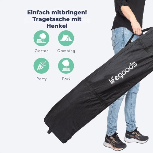 LifeGoods Partyzelt - Pavillon - 3x3 m - leicht aufbaubar - faltbar - wasserdicht - Tragetasche mit Rädern - grau