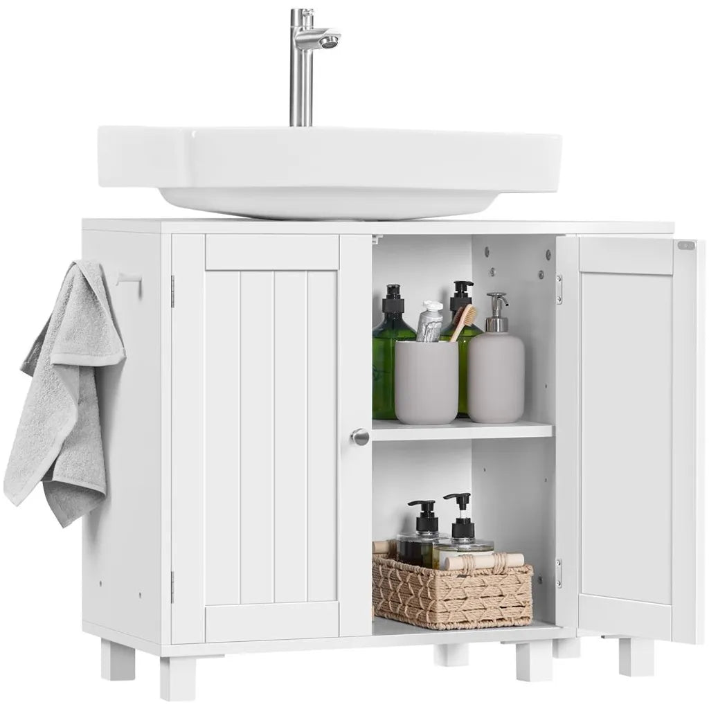 Yaheetech Waschbeckenunterschrank 75 x 30 x 62 cm – Weiß – Mit 4 Fächern, offenen Regalböden und Handtuchhalter