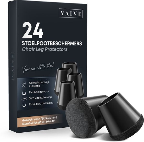 Vaive Stuhlbeinschoner Rund mit Filz - 24 Stück - Stuhlbeinkappen Ø24-30 mm - Bodenschutz für Stühle - Schwarz