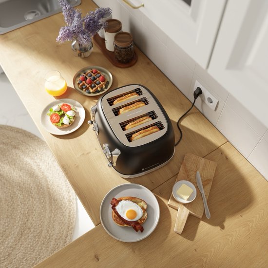 KitchenBrothers Retro-Toaster - Toaster - 6 Heizstufen - 4 extra breite Schlitze - 815W - Schwarz