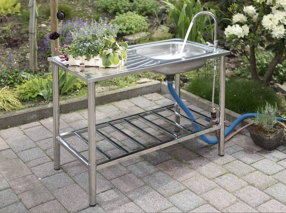 Gartenmeister - Edelstahl-Spülbecken - für den Außenbereich - inkl. Wasserhahn/ Spülbecken/ Ablaufschlauch - 100 x 50,5 x 87 cm - Silber