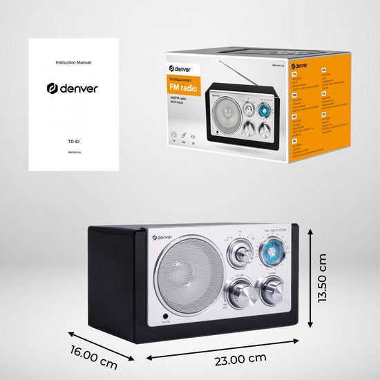 Denver Tragbares FM-Radio - Retro - Batterie- oder Netzbetrieb - Küchenradio - AM - FM - TR61 - Schwarz