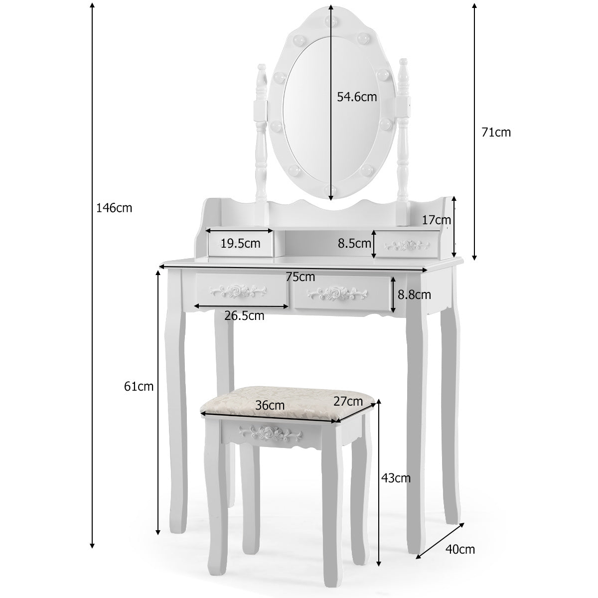 Coast Classic Dressing Table Set met ontlasting LED -bol Cosmetisch 75 x 40 x 146 cm wit