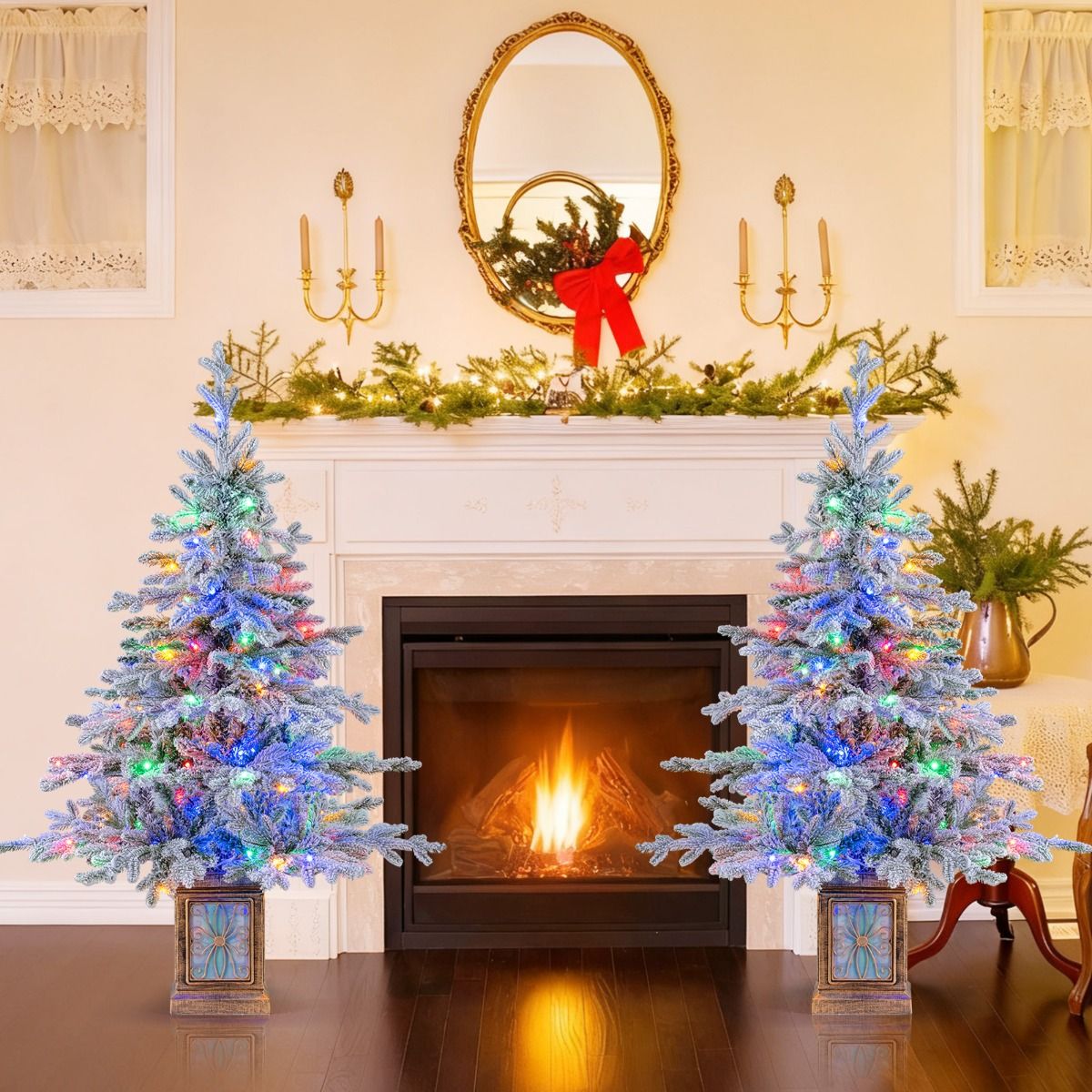 Coast Künstlicher Weihnachtsbaum 120 cm Grün/Weiß - Mit Schnee - 100 LED Mehrfarbig & Warmweiß - Im antiken Topf