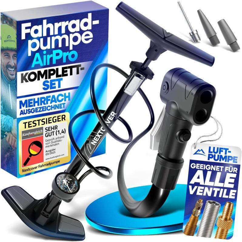 NEXTCOVER® Fahrradpumpe Alle Ventile - Airflow Technologie - Pumpe für Autoventil - Manometer - Luftpumpe Fahrrad