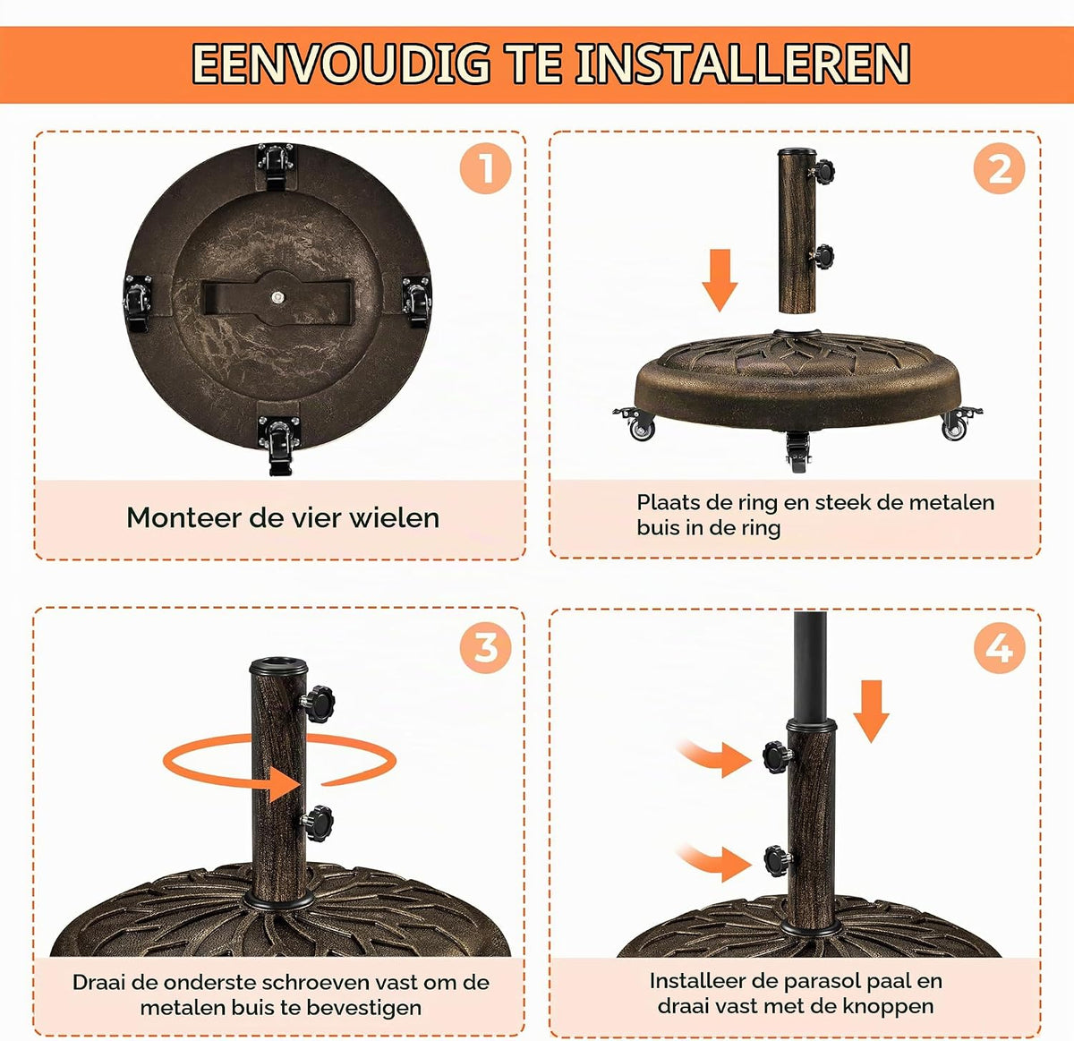 Yaheetech Sonnenschirmständer mit Rollen 50,5 x 42 cm – Bronze – Geeignet für Sonnenschirmstangen mit einem Durchmesser von 34/38/48 mm