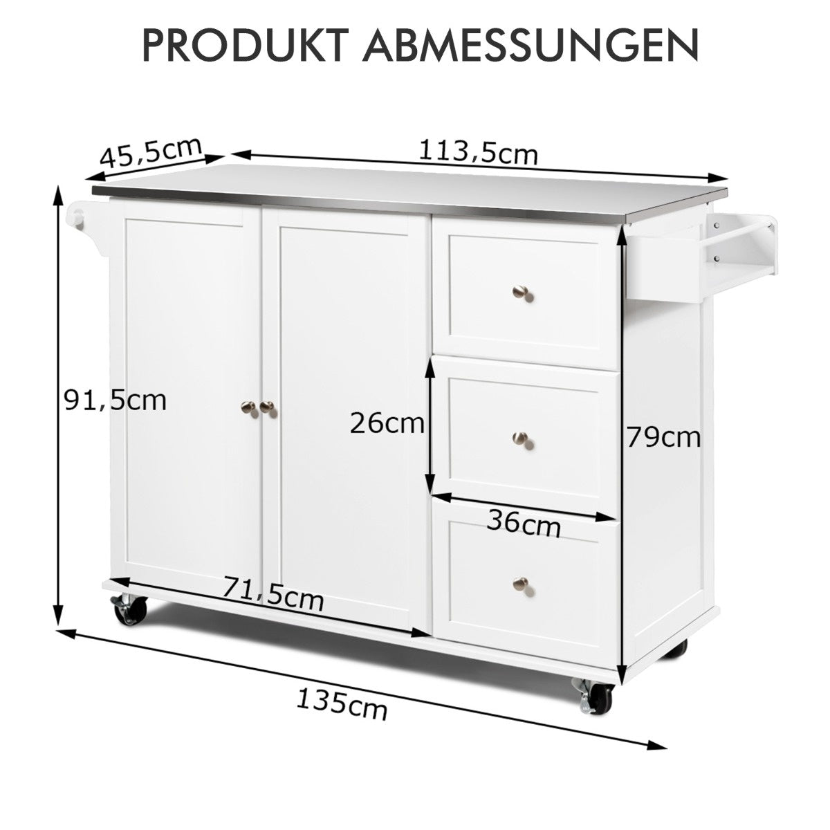 Coast mobiele keukenauto met roestvrijstalen werkblad en 3 laden en verstelbare planken wit