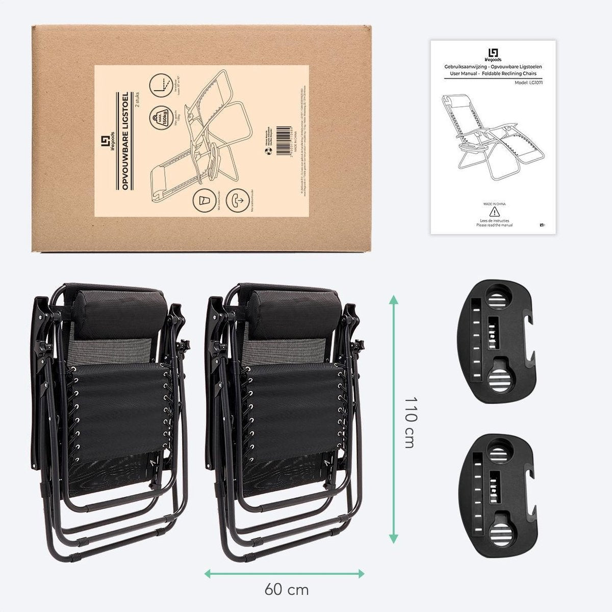 LifeGoods Faltbare Gartenstühle - 2 Stück - 30°-90° verstellbar - Metall - Schwarz