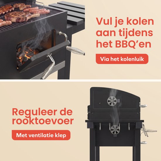 KitchenBrothers Holzkohle-Grill XL – Dual-Zone-Räuchergrill – Mit verstellbaren Kohlerosten und klappbaren Seitentischen – PFAS-frei – Grillfläche 42,3 x 75,8 cm – Schwarz