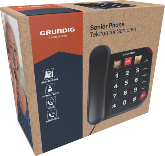 Grundig Seniorentelefon - Haustelefon Senioren große Tasten - Seniorentelefon mit Foto-Hotkeys - Lautsprecher und SOS-Taste - Schwarz