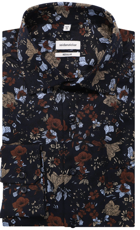 Seidensticker Regular Fit Hemd - 43 - Navy - Bedruckt - Twill - Business Kent Kragen