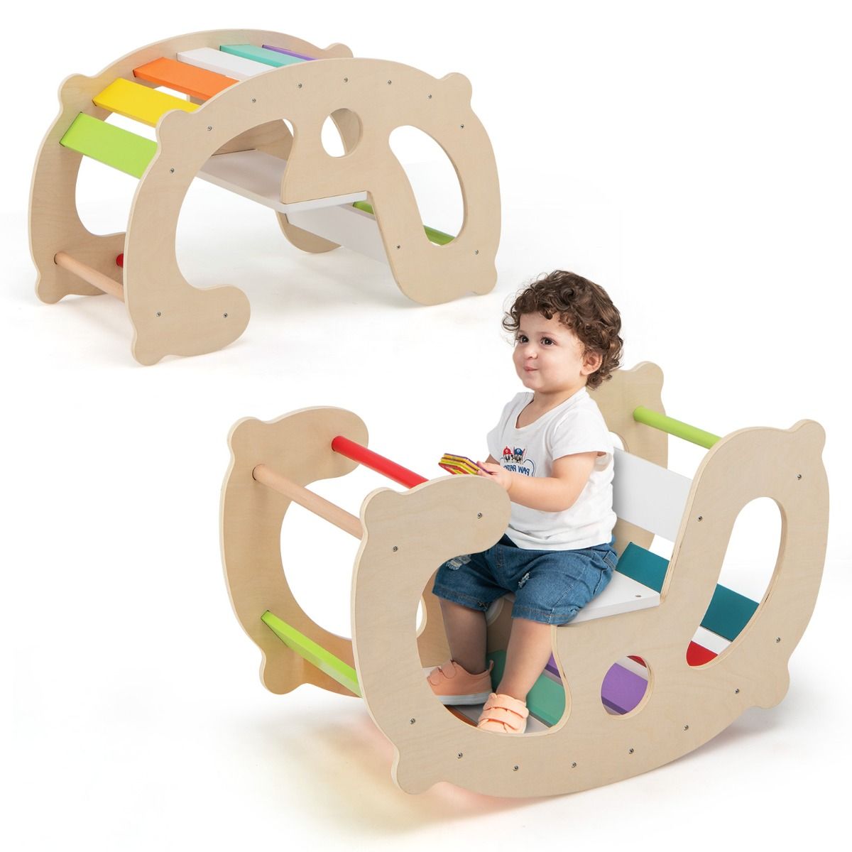 Coast 2-in-1 Schaukelpferd & Kletterbogen für Kinder - Buchenholz - 80 x 41,5 x 48,5 cm - Morekeur