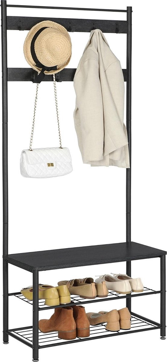 O'DADDY® Garderobenständer hochkant - Garderobe mit Schuhablage - 9 Haken 2 Lagen Schuhablage 6 Paar - Garderobe - 70 x 32 x 175 cm - Garderobe schwarz / dunkelgrau