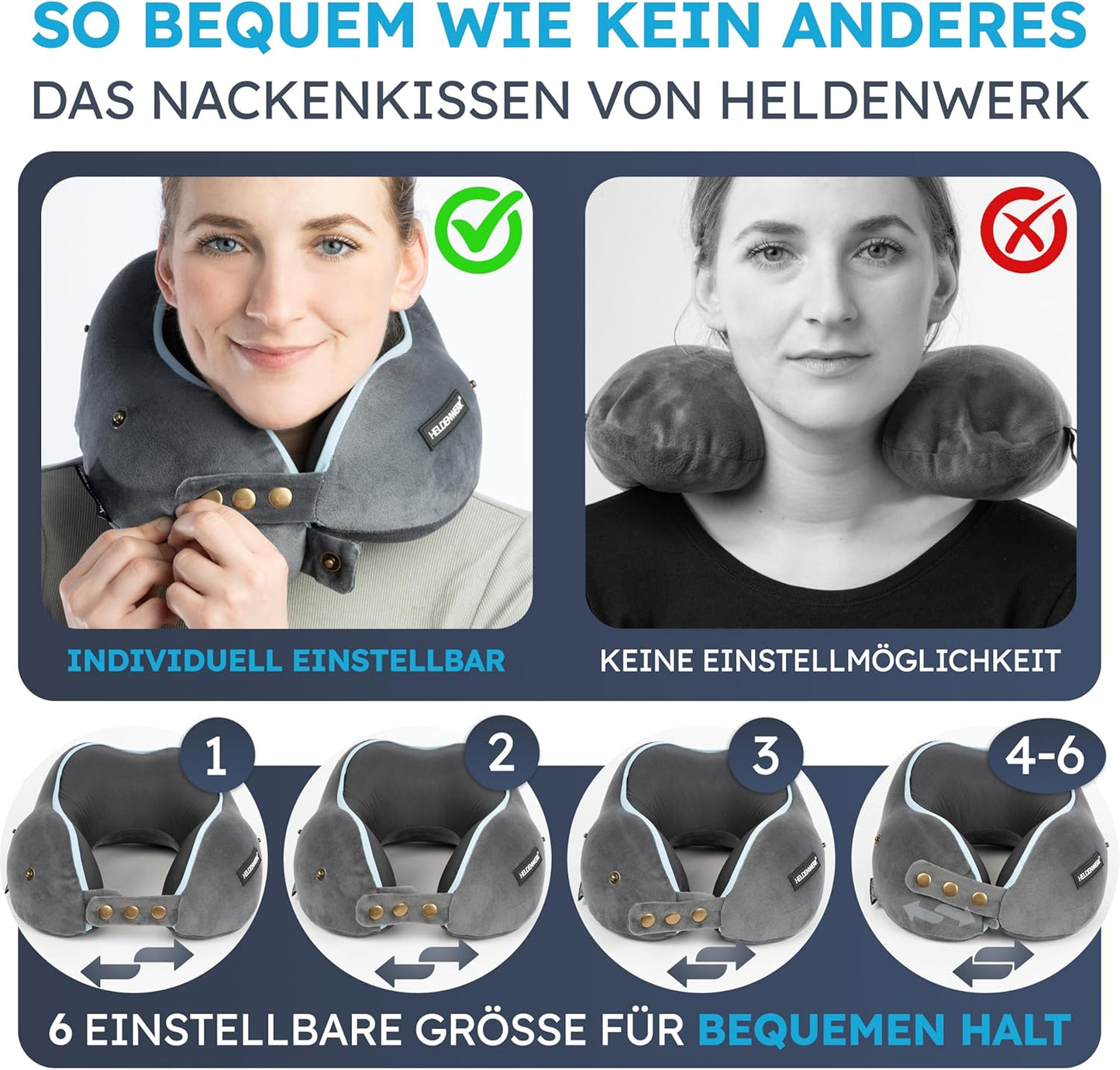 Heroism Nackenkissen - Mit Kapuze - 6-fach verstellbar - Waschbar - Grau