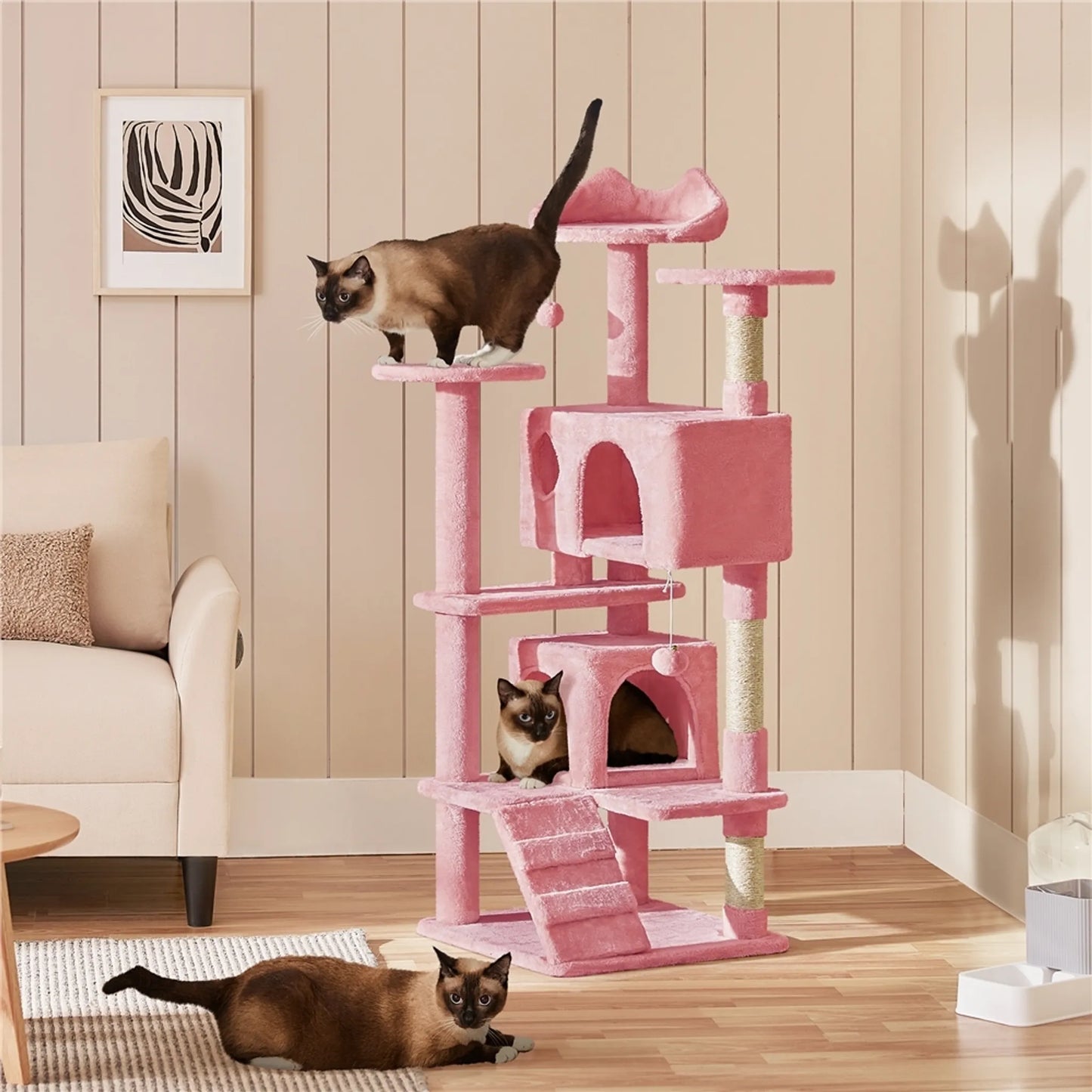Yaheetech Katzenpfosten mit 3 Aussichtsplattformen - Ausgestattet mit 2 Katzenkörben und Sisalstangen und Spielball mit Glocke - Für Haushalte mit mehreren Katzen - Rosa Plüsch und E1 Spanplatte - 49 x 49 x 139 cm