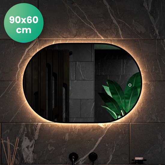 Mirlux Badezimmerspiegel Oval 90x60 cm - LED-Beleuchtung & Heizung - Anti-Beschlag-Duschspiegel - Schwarz