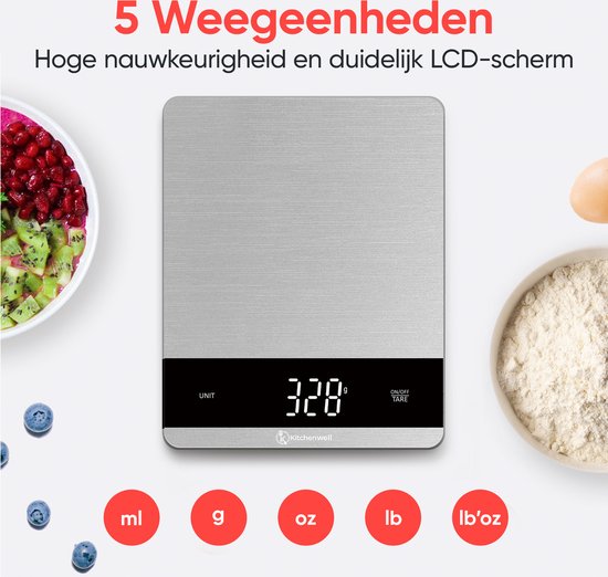 Kitchenwell Digitale Präzisions-Küchenwaage - Küchenwaage - 5gr - 10kg - Tara-Funktion - Grau