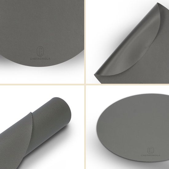 Castagnola Platzsets in Lederoptik - Runde Platzsets - Rutschfeste Kunstleder-Platzsets - Wasserabweisende Untersetzer - Untersetzer - 6 Stück - Durchmesser 38 cm - Grau