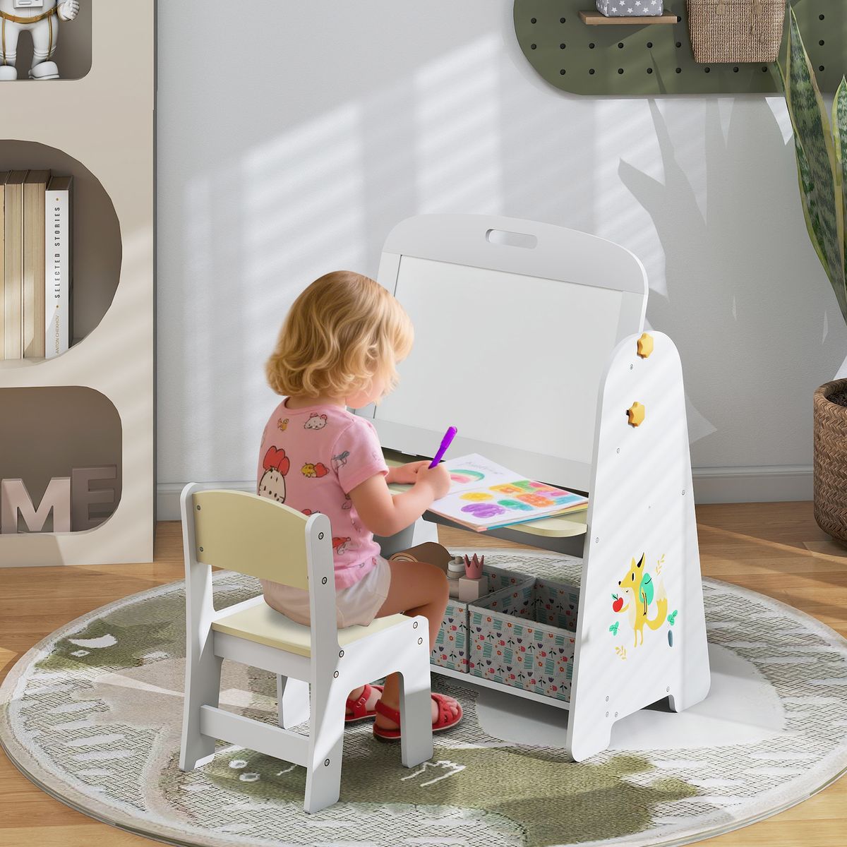 Coast Kindertischset mit Stuhl – 4-in-1-Design – Bücherregal und Stauraum – Natur