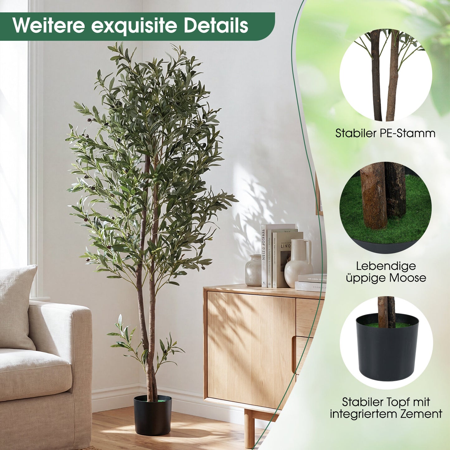 Coast Künstlicher Olivenbaum – Mit zementverstärktem Topf, biegsamen Zweigen und realistischen Oliven – Für Wohnzimmer und Büro – Grünes und schwarzes Polyester – 180 cm hoch