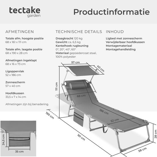 tectake® - Liege Sonnenliege Liege - 4 Positionen, klappbar - grau - 68 x 190 x 28 cm, mit Seitentasche