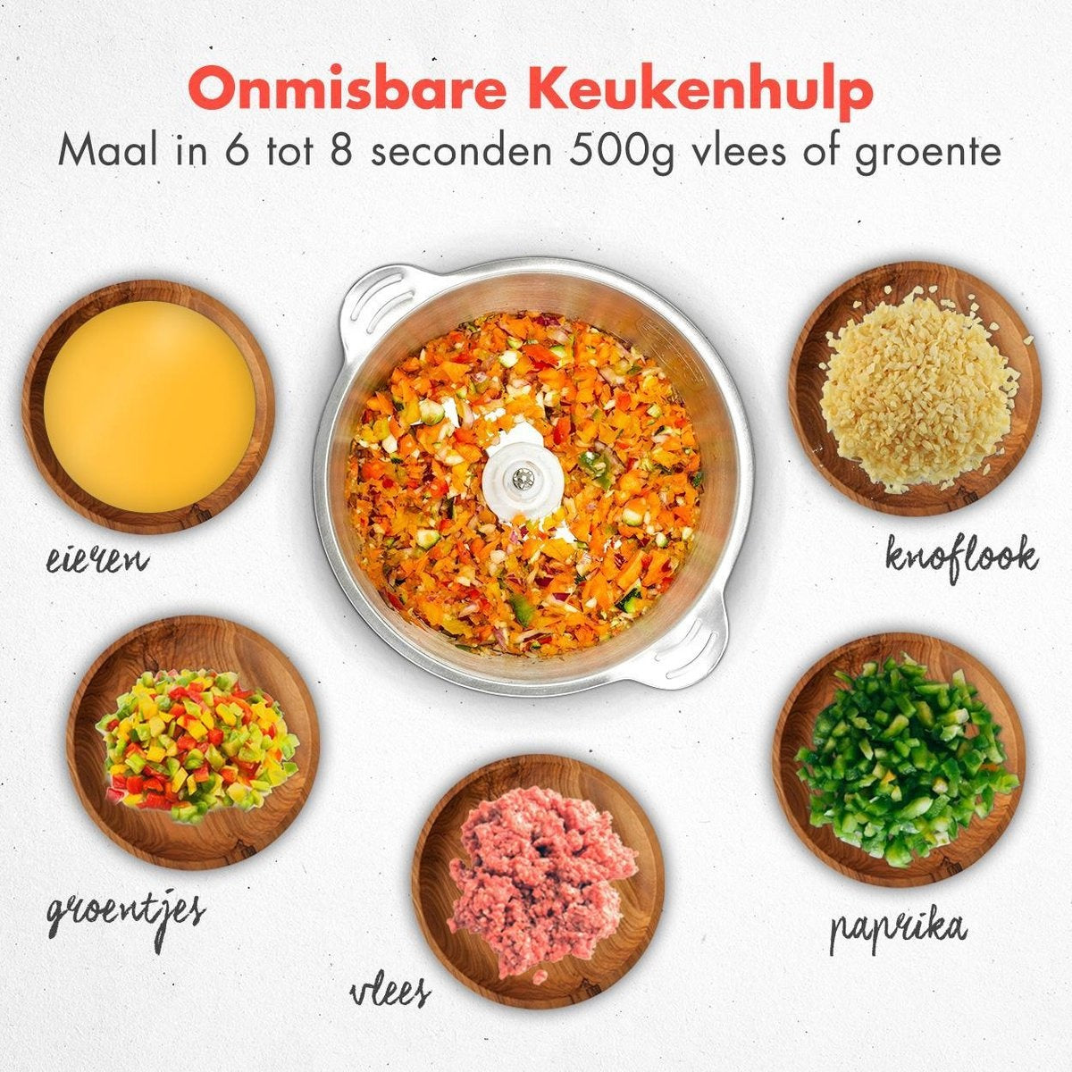 KitchenBrothers Zerkleinerer - Lebensmittelzerkleinerer - Elektrisch - 2 Geschwindigkeiten - 300 W - 1,8 L - Schüssel aus Edelstahl