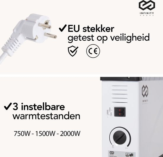 Infinity Goods Elektrischer Konvektor - Turbofunktion und Gebläse - 750 / 1500 / 2000W - Einstellbares Thermostat - Heizkörperheizung - Überhitzungsschutz - 35m² - Schwarz/Weiß