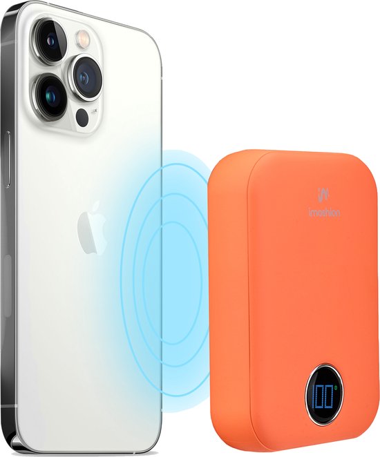 imoshion Powerbank 10000 mAh - Geeignet für MagSafe - Schnellladegerät 22,5W - LED-Anzeige - USB C & USB A - Drahtlose Powerbank Geeignet für Apple iPhone 12/13/14/15/16 - Orange