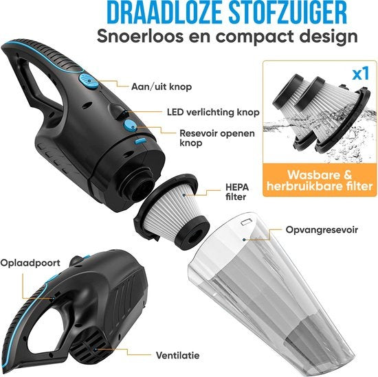 Strex - kabelloser Nass- und Trockensauger - Dustbuster - 3 Aufsätze - 14000PA - LED-Beleuchtung