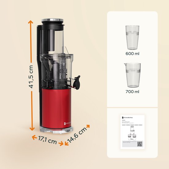 KitchenBrothers Slowjuicer - Vertikal - Entsafter - Gemüse- und Obstpresse - 80 mm - 750 ml - Rot