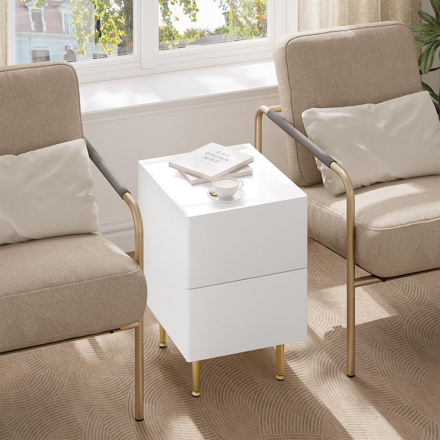 WOLTU NTS10ws03 Nachttisch – 2 Schubladen – Hochglanzweiß mit Gold – 35 x 40 x 51 cm – Holz, PVC und Metall