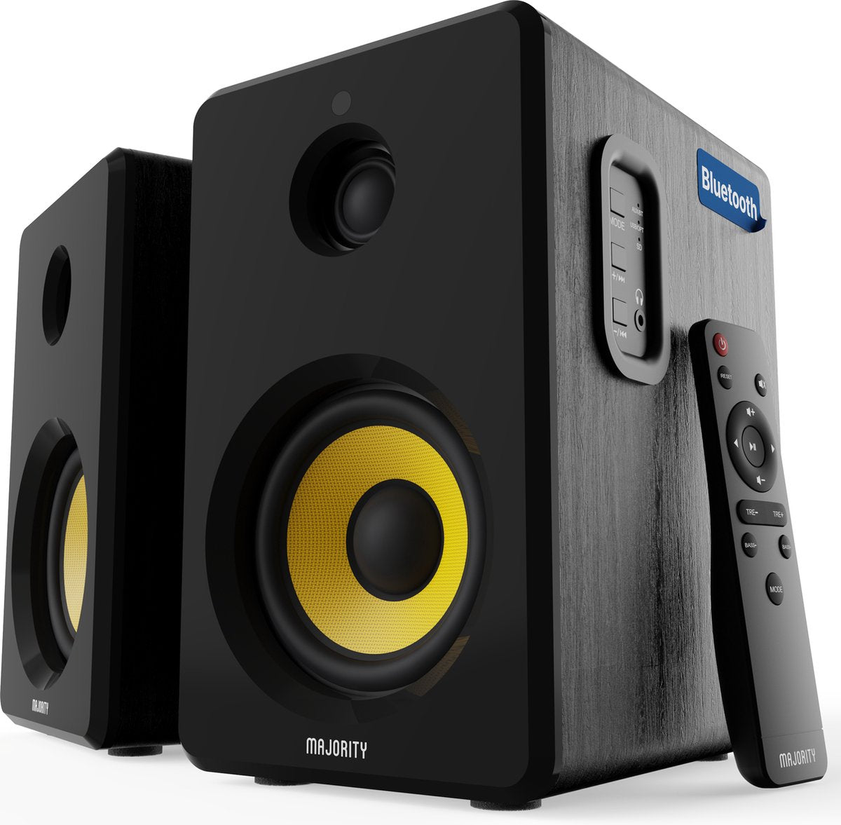 Majority - D40X - Aktive Regallautsprecher - Anschluss über Bluetooth - USB - AUX - RCA und optisch - Integrierter Verstärker - 4-Zoll-Tieftöner - Fernbedienung und integriertes Bedienfeld - Kevlar-Basswiedergabe - Plug and Play