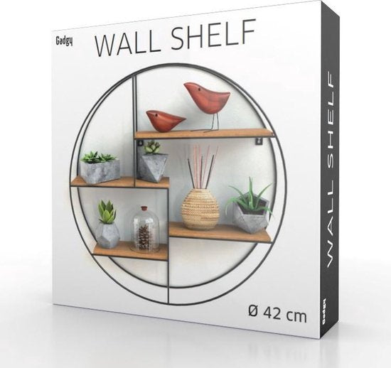 Gadgy - Wandregal Industrial - Rund mit 4 Holzböden - Ø 42x10 cm - schwarz/Holz