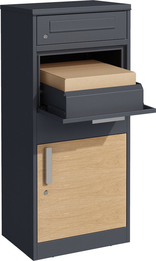 AXI Levi Paketbriefkasten aus Metall, anthrazit/Holzoptik – Paketbox für mehrere Pakete – Inklusive Schloss und separatem Fach für Post – 50,6 x 38,3 x 112 cm