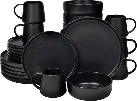 Deleca Geschirrset 6 Personen Kyoto - Kaffeetassen mit Ohr / Schalen / Große Teller und kleine Teller Set - Japanischer Stil - Massives Steingut - Mattschwarz / 24 Stück