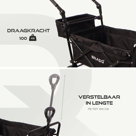 BRASQ Bolderkar Foldable Deluxe WC200 - 108L Kapazität - Mit Schiebestange - Leichtgewicht - Bis zu 100 kg Tragfähigkeit - Inklusive 2 Aufbewahrungstaschen - Schwarz
