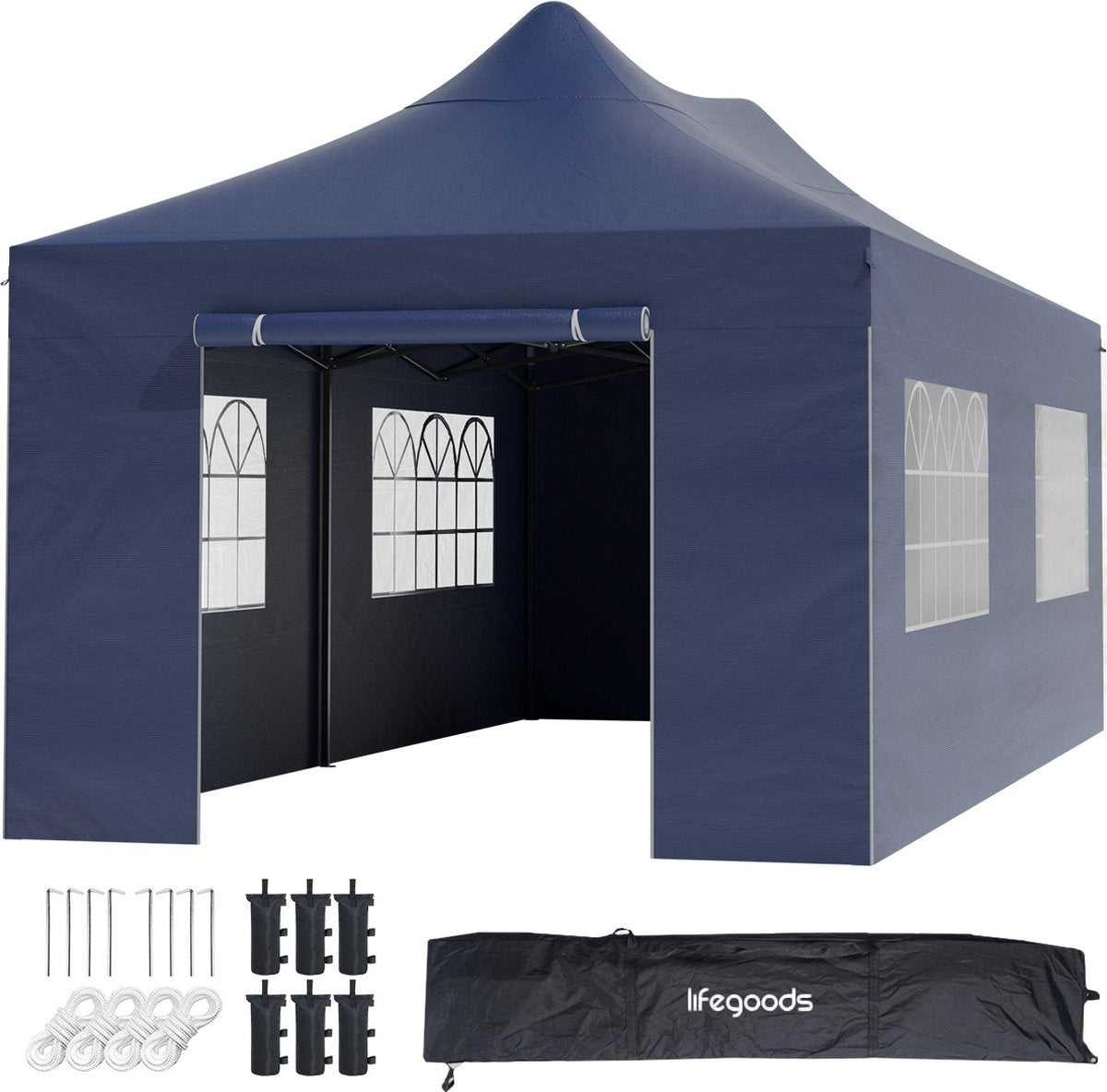 LifeGoods Partyzelt - 3x6 m - Seitenwände - Easy Up - Dunkelblau