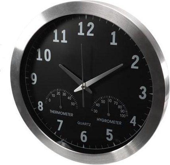 Perel Aluminium Wanduhr mit Thermometer & Hygrometer - Ø 35.5 Cm