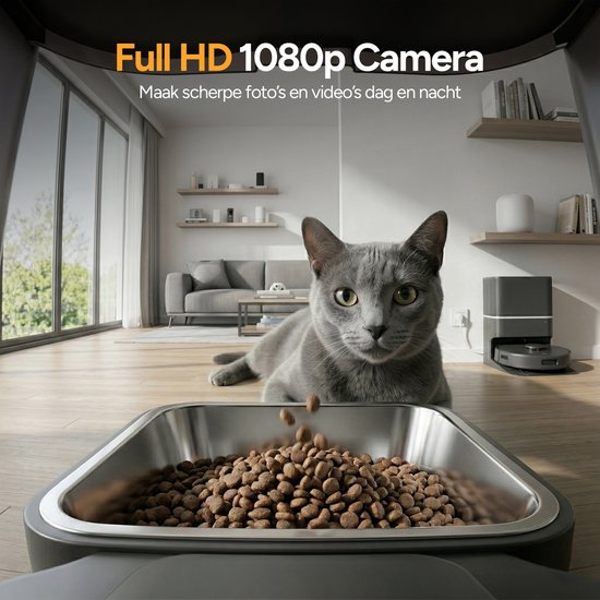 Viervoeter Feed Pro – Automatischer Futterspender 6 l – HD-Kamera & Audio – Für Katzen und Hunde – Futterspender mit App – Schwarz
