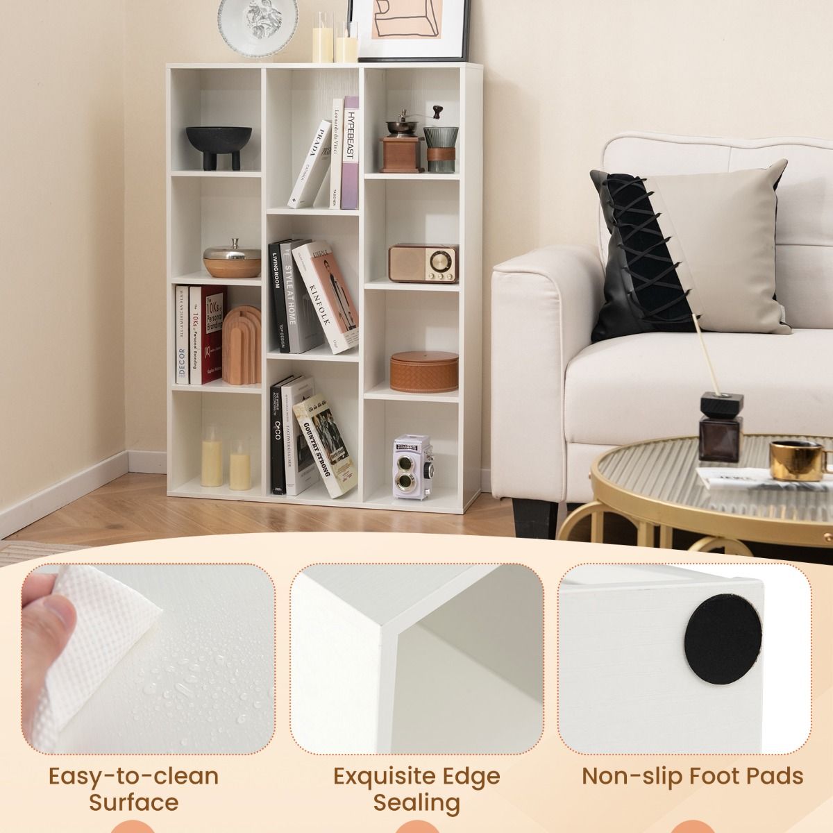 Coast Bücherregal 11 Fächer Weiß 74x24x106 cm - Modernes geometrisches Raumregal mit Kippschutz
