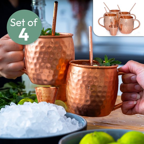Gadgy Moscow Mule Cups 4-teiliges Set - 100% Kupfer - Cocktail-Set: 4 Cocktailgläser, 4 Strohhalme & 1 Bar-Maß - Geschenk für Frau und Mann