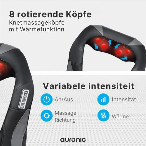 Auronic - Shiatsu-Massagekissen - 8 Massageknöpfe - mit Infrarot & Tragetasche – Schwarz