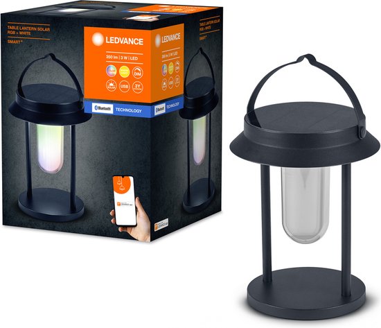 LEDVANCE SMART+ Outdoor Bluetooth-Solar-Tischlampe, mit Weißlicht (3000 K) + Farblicht, netzunabhängig, bis zu 5 Stunden Leuchtdauer bei 100 % Helligkeit, wiederaufladbar, Schutzklasse IP44, schwarz