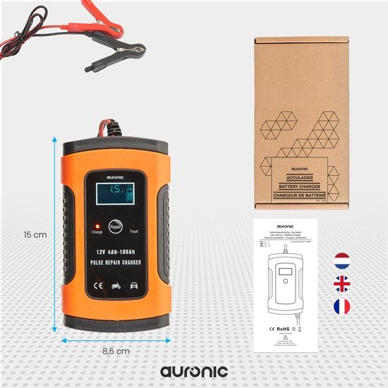 Auronic Batterieladegerät - Erhaltungsladegerät - für Autos und Motorräder - 12V - bis zu 100Ah - Orange