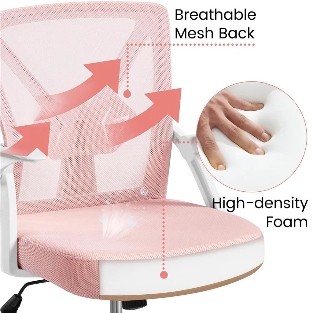 Yaheetech Ergonomischer Bürostuhl, verstellbar, 59 x 57,5 x 90–100 cm – Rosa – Netz-Bürostuhl mit klappbaren Armlehnen und Lendenwirbelstütze