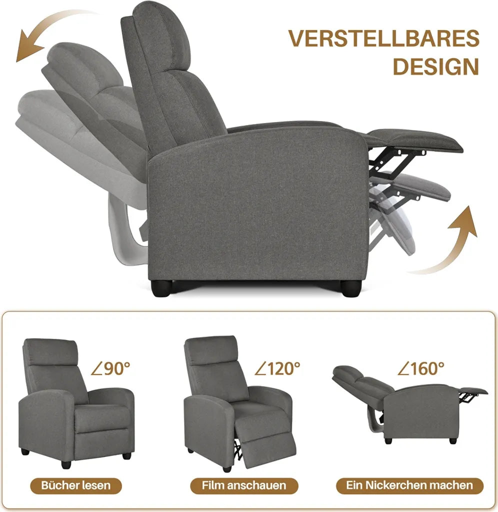 Yaheetech Relaxsessel – Grau – 87 x 61,5 x 99 cm – Verstellbarer Liegesessel mit Fußstütze