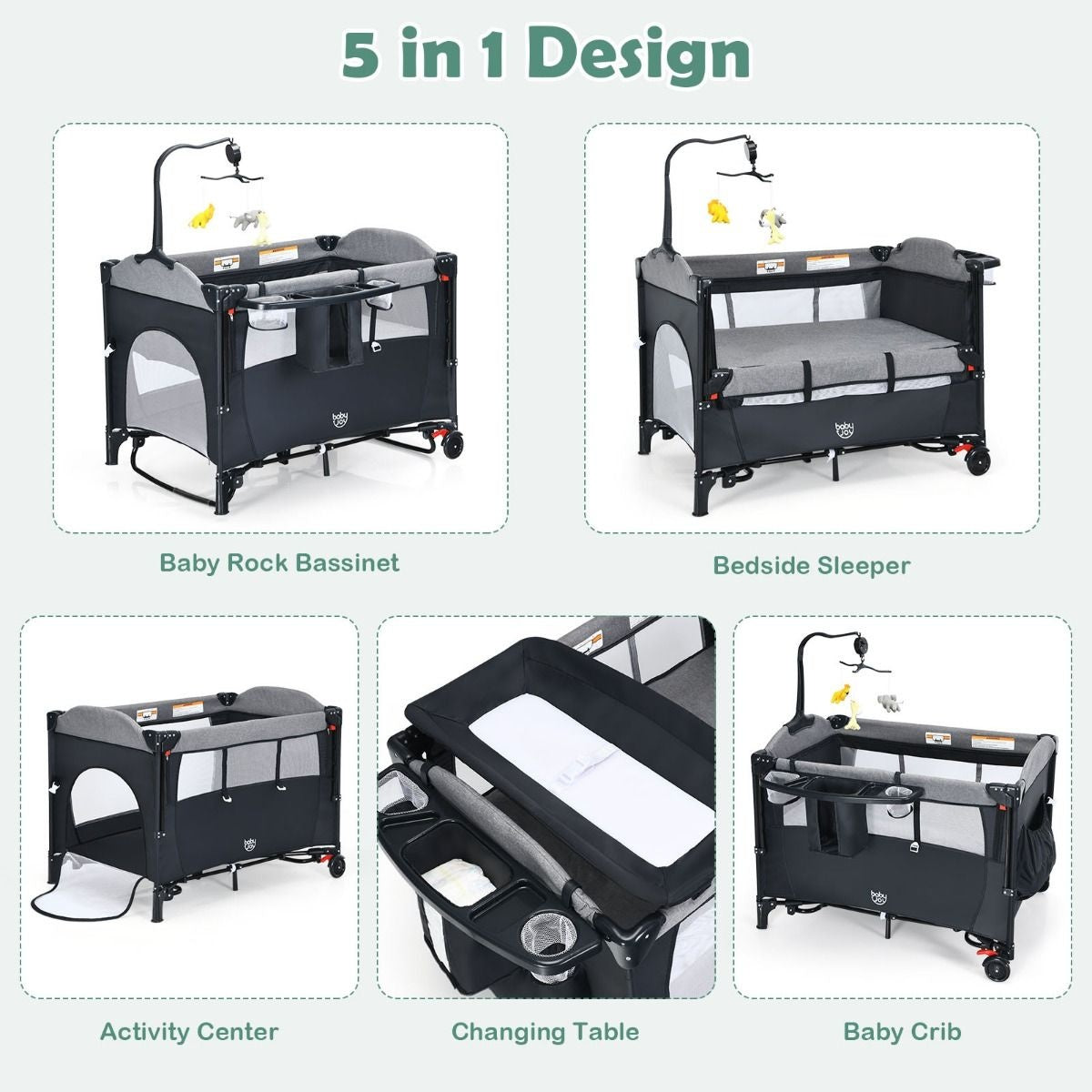 Coast Babybett - 5-in-1 Design - in 4 Höhen - Mobil - 76 x 109 x 83 cm - Schwarz