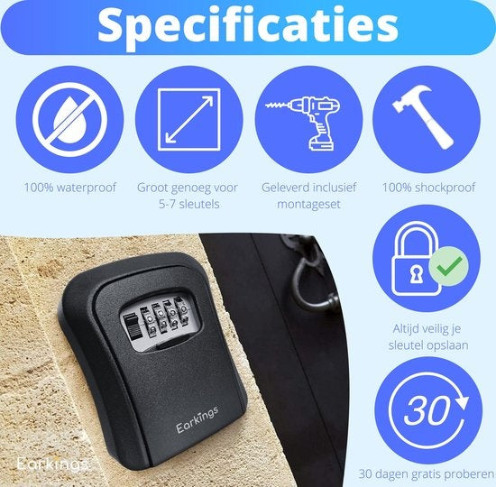 Schlüsseltresor - Schlüsseltresor mit Code für draußen - Schlüsselschrank mit Wandhalterung - Earkings Schlüsseltresor mit Zahlenschloss schwarz